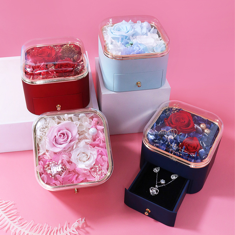 Custom Logo Square Acrylic Eternal Rose Flower Jewelry Wedding Birthday Bridesmaid Gift Packaging Box with Clear Lid