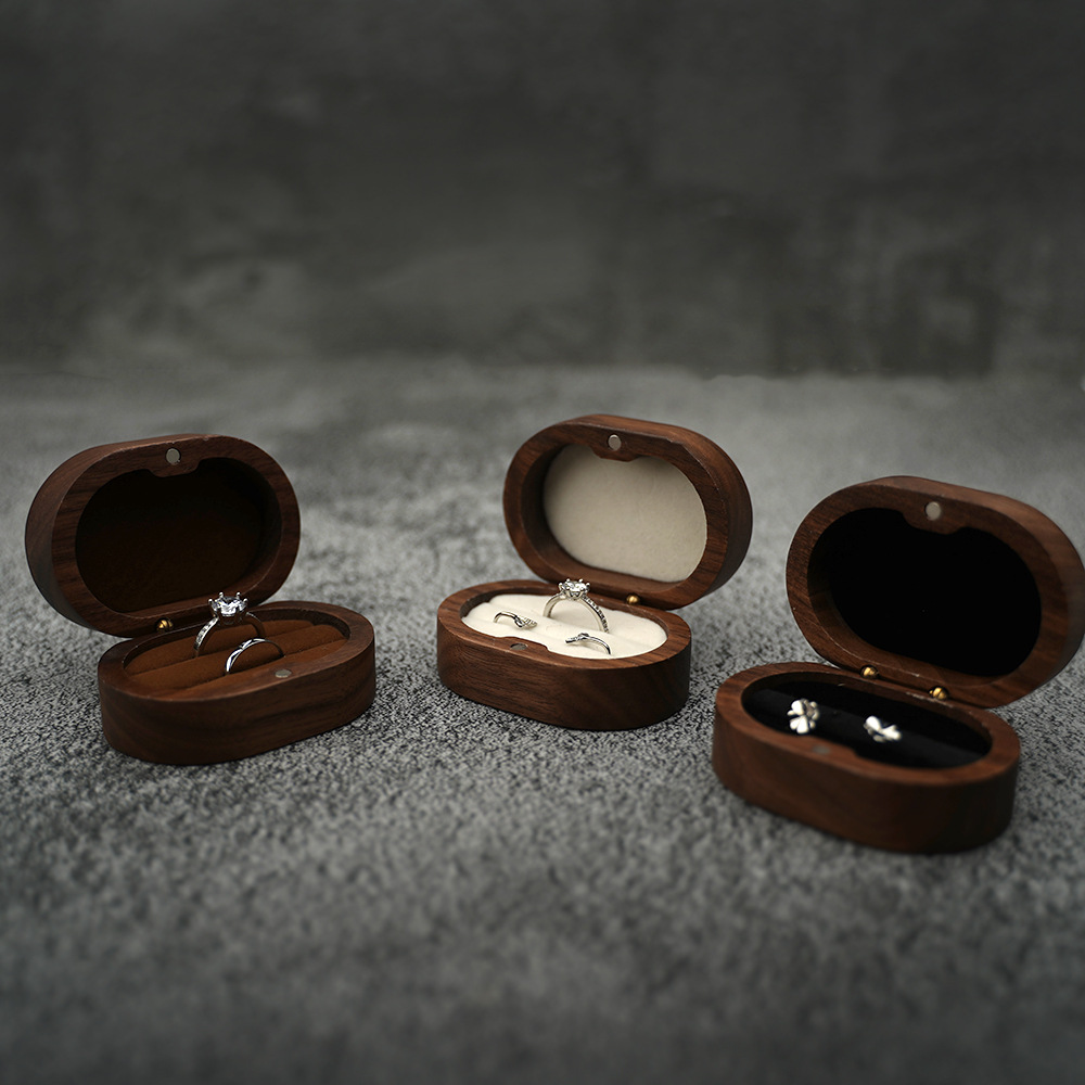 Luxury Oval Walnut Wood Ring Box Wedding Double Couple Ring Jewelry Box Gift Packaging