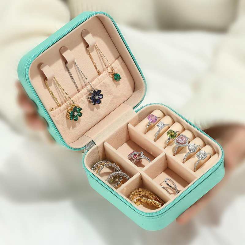 Monogram Ring Leather Travel with Mirror Jewelry Box Small Jewelry Travel Organizer Box Multi-colored White Zipper Mini Jewelry