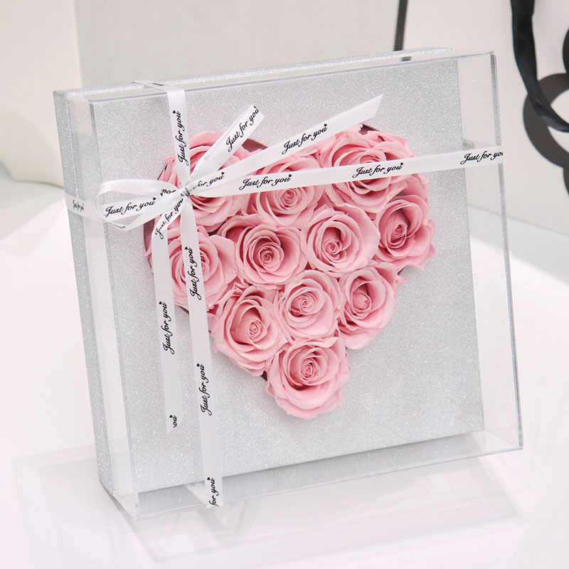 New Arrival Valentine Day Preserved Roses Acrylic Gifts Box Eternal Long Lasting Flower Box with Heart Shape Box