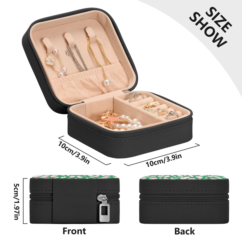Custom Logo Square Pink Green Leopard Print Jewellery Packaging Organizer Zipper Case Mirror Velvet Jewelry Box