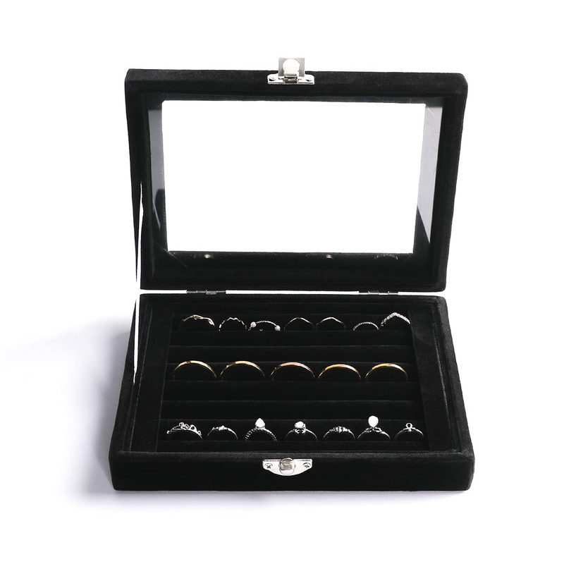 Custom Velvet Jewelry Display Box Jewelry Organizer Display Storage Glass Cover Holder Rack for Ring Earring