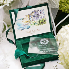 Luxury Green Velvet Hardcover Box Clear Acrylic Wedding Invitations Custom Color Wedding Cards for Guest