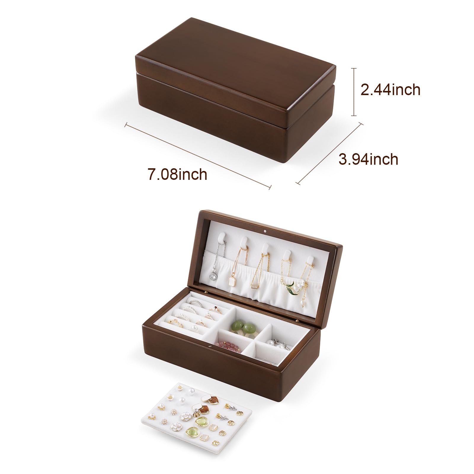 Small Wooden Jewelry Storage Box Solid Wood Jewelry Display Case for Women Necklace Rings Earrings Organizer for Bedroom