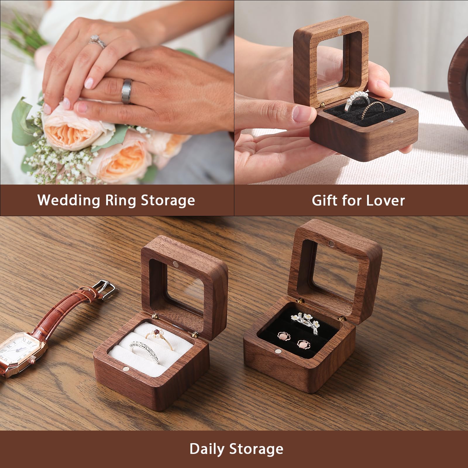 Luxury Walnut Proposal Engagement Wedding Wooden Ring Jewelry Packaging Box with Window