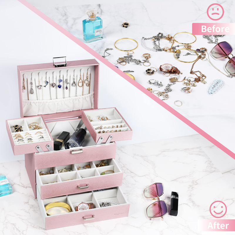 3 Layers Large Jewellery Storage Case Leather Jewelry Organizer Box for Women Girls Earring Rings Necklace Bracelet Watch