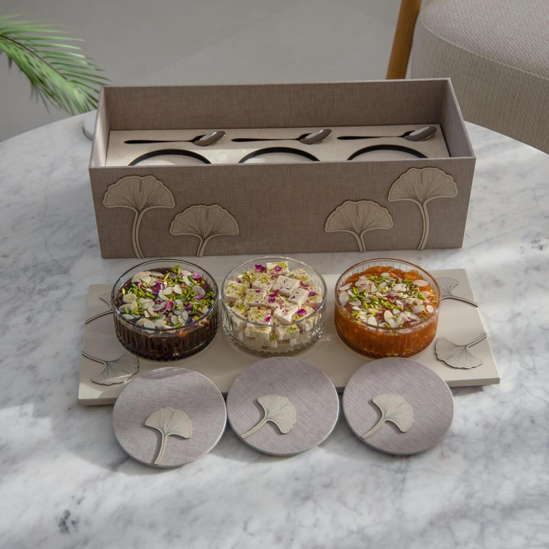 Luxury Empty 3 Slot Ginkgo Leaf Storage Box Linen Dates Baklava Packaging Boxes Gift Boxes Set for Dates Jam Jars Chocolate