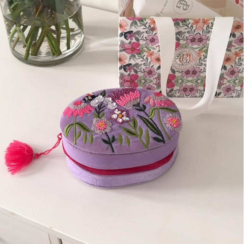 Purple Velvet Embroidery Jewelry Storage Gift Box