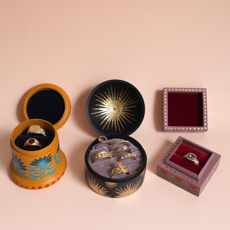 Vintage Wooden Ring Jewelry Box Earrings Organizer with Velvet Insert Ink Painting Personalized Earring Jewelry Boxes Packaging