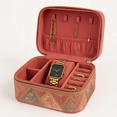 Golden Pattern Jewelry Box Travel Custom Logo Embroidery Velvet Necklace Earring Packaging Box Antique Pendant Watch Box Cases