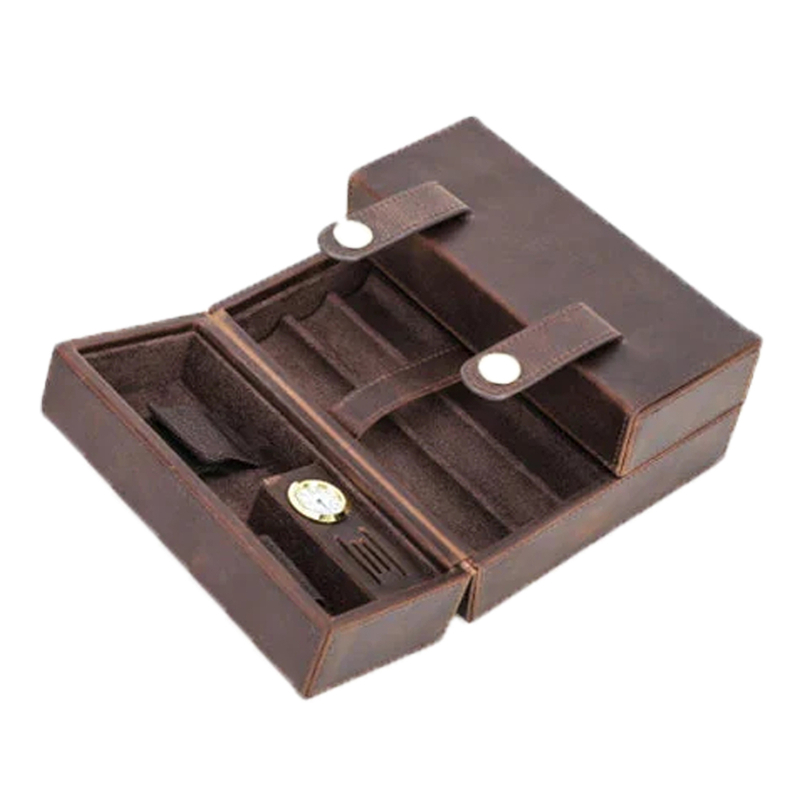 Custom Logo Brown Leather Cigar Box Case Packaging Double Door Design Luxury Humidor Cigar Storage Gift Box Set for Seven Sticks