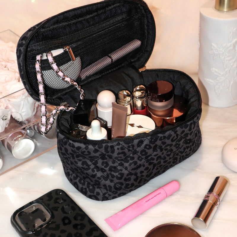 Black Leopard Large Makeup Bag Interior Zipper Pouch Polyester Custom Travel Portable Cosmetic Brushes Skincare Wash Organizer 