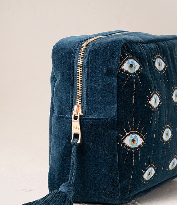 Blue Velvet Wash Bag Custom Travel Makeup Zipper Bag for SkinCare Storage Organizer Professional Cosmetic Embroidery Tote Bag