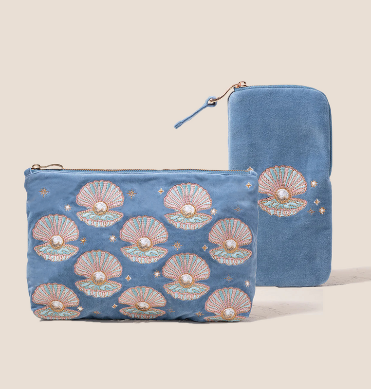 Small Velvet Zip Lock Bag Portable Multipurpose Travel Storage Bag Set Pearl Seashell Embroidery Velvet Dust Eyeglass Box Bags