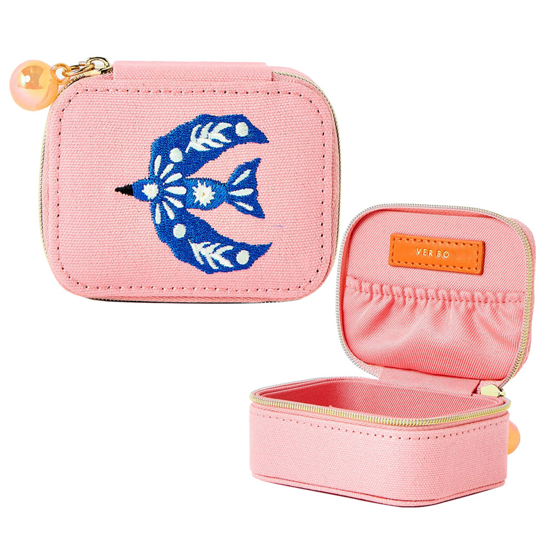 Zipper White Floral Chequerboard Pattern Ring Jewelry Box Organizer Travel Fabric Embroidery Polyester Bracelet Necklace Box