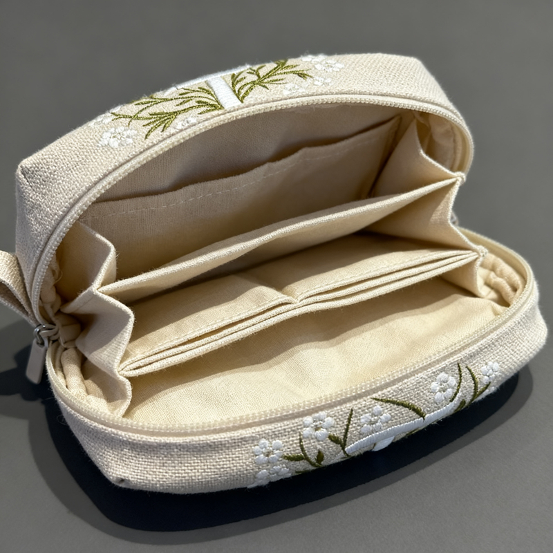 Embroidered Linen Makeup Cosmetic Bag