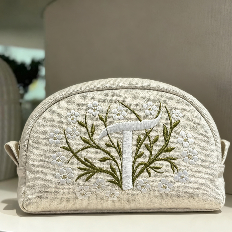 Embroidered Linen Makeup Cosmetic Bag