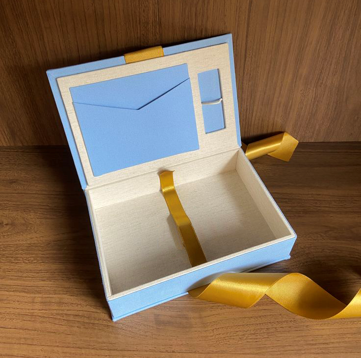 Personalized Linen Photo Souvenir Packaging Box Flip Photo Box with Bow Ribbon Organizer Storage Photo Usb Gift Box