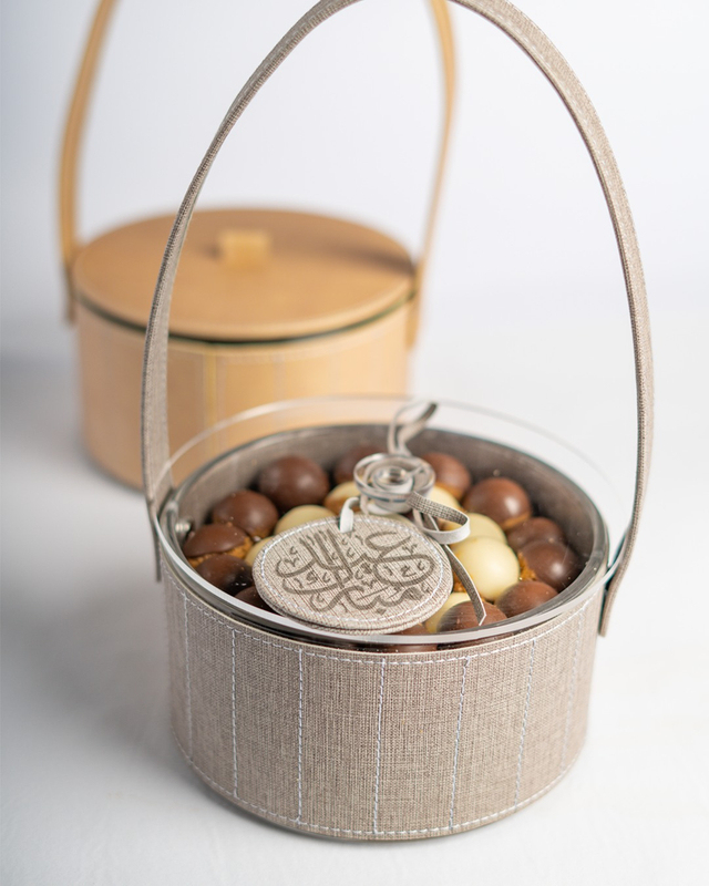Handmade Acrylic Lid Chocolate Praline Handle Box Cylinder Fabric Packaging Chocolate Candy Gift Boxes Set with Clear Window