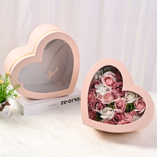 Luxury Custom Logo Popular Heart Shape Paper Preserved Rose Flower Bouquet Packaging Box for Valentine's Day with Clear Window