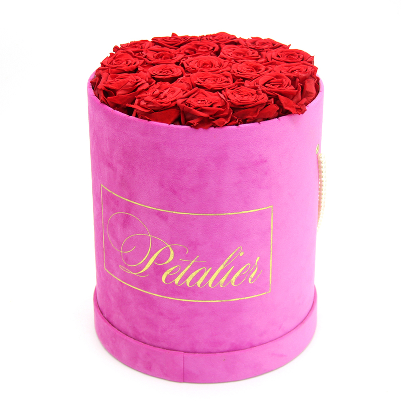 Custom Wholesale Round Cylinder Flower Packaging Box Round Velvet Flower Arrangement Boxes for Roses with Logo Customized