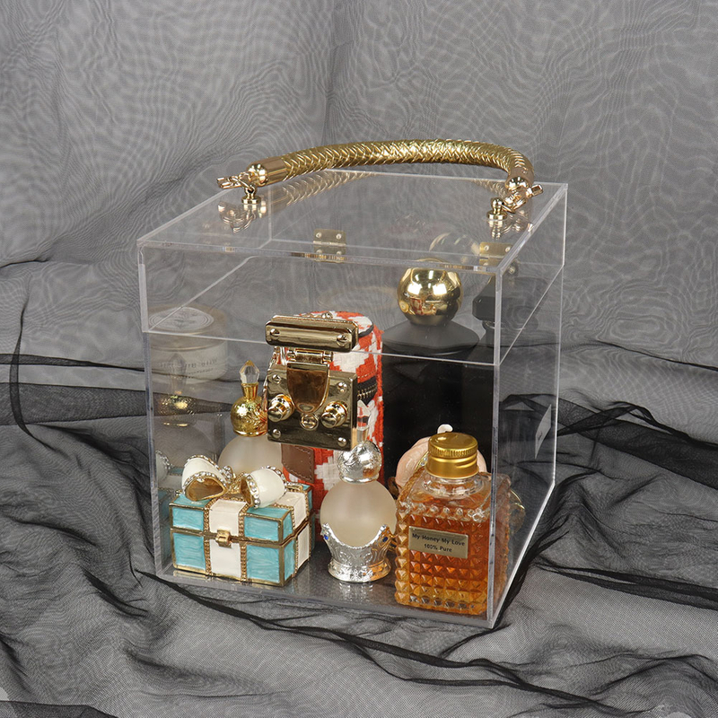Custom Square Clear Acrylic Chocolate Candy Cosmetic Perfume Candle Storage Box with Metal Handle for Wedding Wholesale
