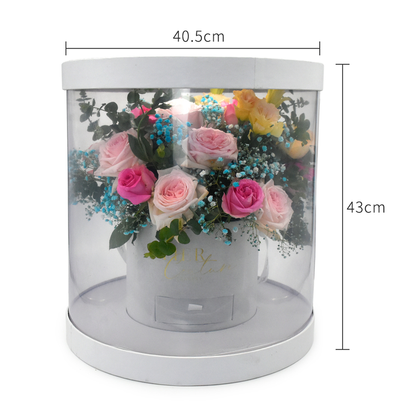Custom Logo Large Transparent Plastic Round Cylinder Paper Rose Flower Packaging Gift Box with Drawer for Wedding Chocolate