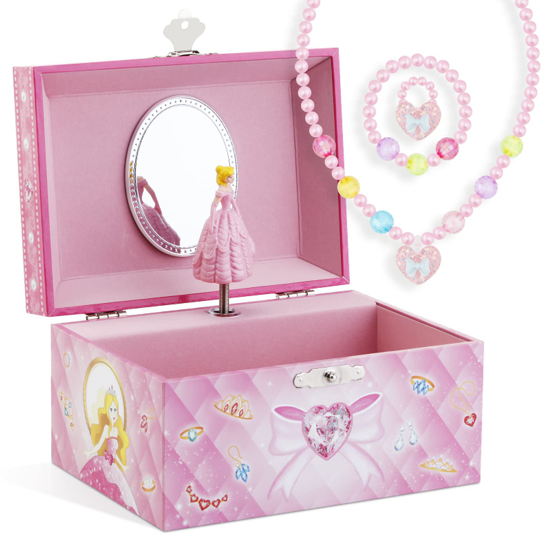 Girl's Musical Jewelry Storage Box With Spinning Unicorn Glitter Rainbow And Stars Design Jewelry Box