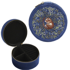 Soft Navy Velvet Round Jewelry Box Dormouse Embroidery Travel Ring Box Embroidery Flowers Zipper Necklace Earring Box