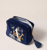 Navy Velvet Cosmetic Bag Embroidery Animal Prints Makeup Bag Pouch Tassels Zipper Travel Toiletry Organizer Bag Handbag