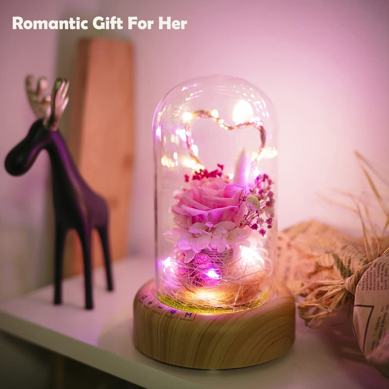 Eternal Rose Artificial Rose Flower Glass Dome with LED Romantic Gift for Woman Wife Girlfriend on Valentine's Day Mother's Day