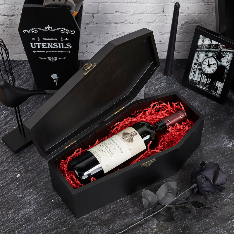 Multi-functional Vintage Wooden Coffin Shape Wine Gift Packaging Box Fillable Hinged Gohtic Storage Box for Halloween Décor