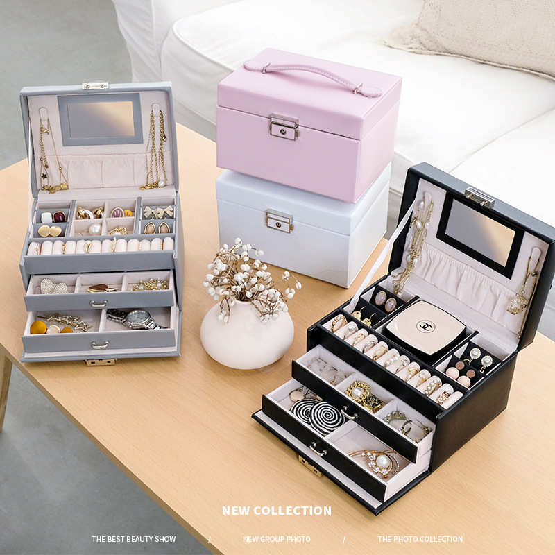 Large-capacity 3 Layers Portable Jewelry Box Ring Earrings Earrings Home PU Leather Jewelry Box with Makeup Mirror 