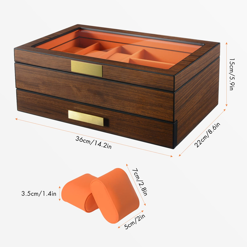 Luxury Wood Watch Jewelry Organizer Case with Drawer Glass Top Watch Storage Gift Box for Sunglasses Cufflinks Rings