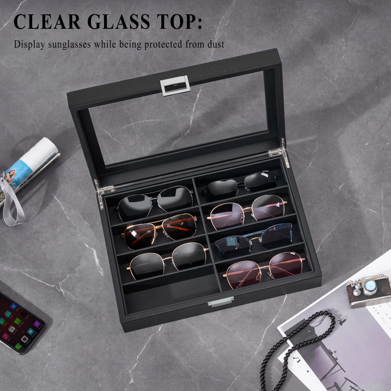 Black PU Leather 8 Piece Sunglasses Display Case Organizer Wooden Eyeglasses Sun Glasses Storage Box