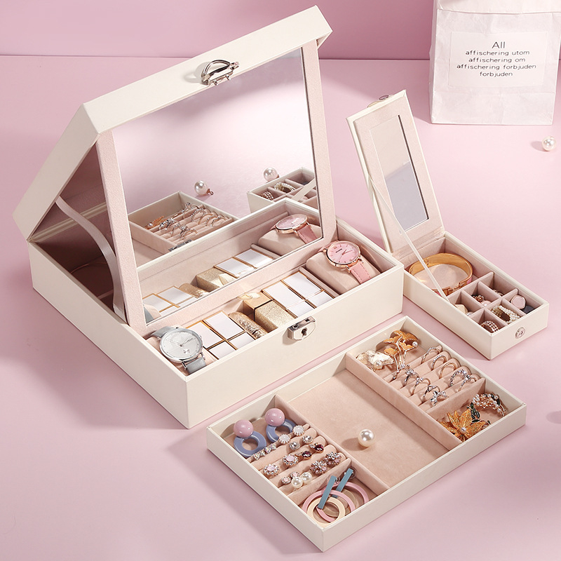 Wholesale Jewelry Packaging Simple Flip-Top Lipstick Luxury Pu Leather Watch Jewelry Box with Large Mirror