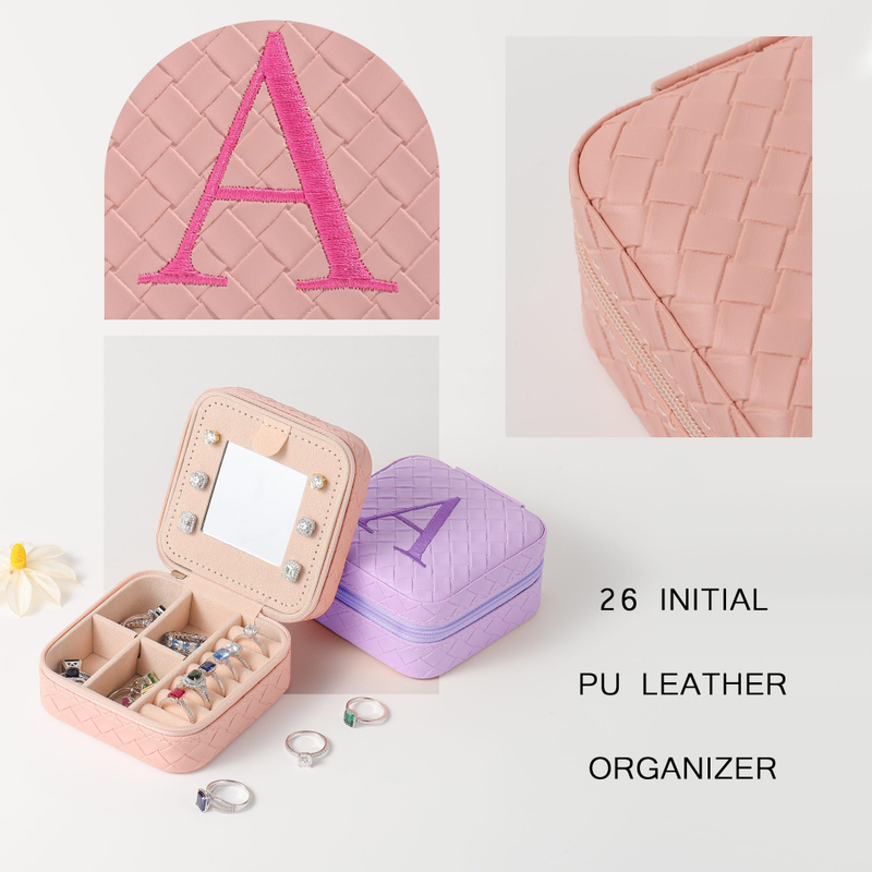 Custom A To Z 26 Letters Pu Leather Travel Case Ring Earring Necklace Jewelry Box With Mirror
