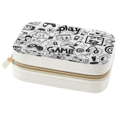 Doodle Style Computer Games Black And White Print Velvet Jewelry Storage Box with Metal Zipper Compact Earring Organizer Display Case