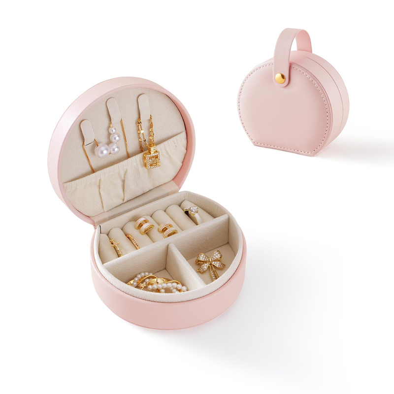 Ready Stock Wholesale Creative Portable Handbag Necklace Ring Jewlery Box Pu Leather Round Small Storage Jewelry Box