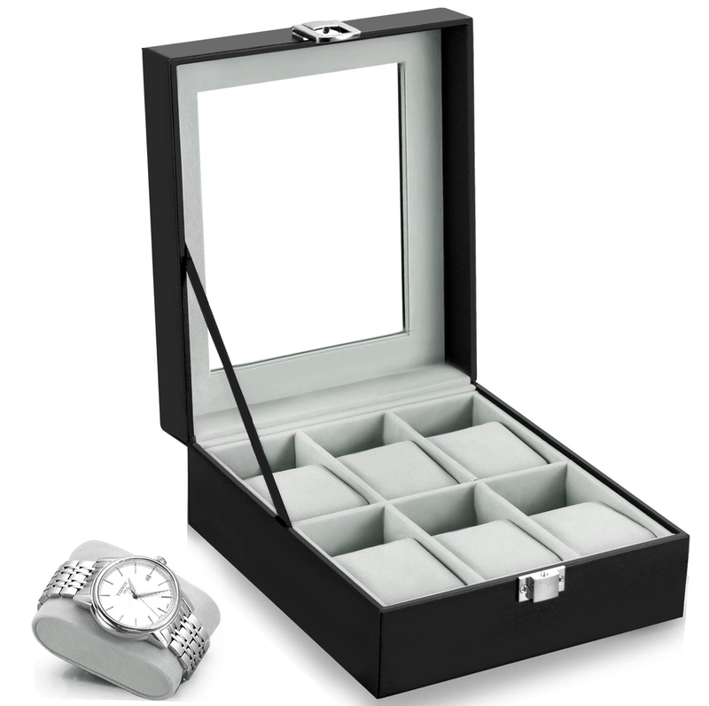 Wholesale 6 Slots Transparent Hinged Lid PU Leather Case Organizer Watch Display Wooden Watch Box