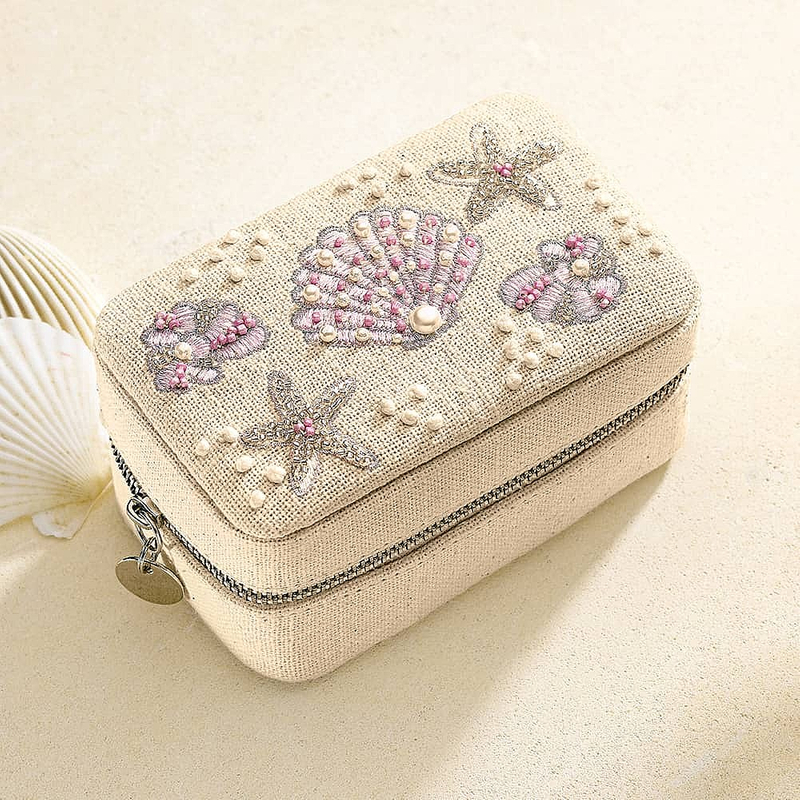 Personalized Logo Seashell Storage Gift Box for Pearls Jewelry Creative Packaging Box Star Embroidery Zipper Fabric Jewelry Box