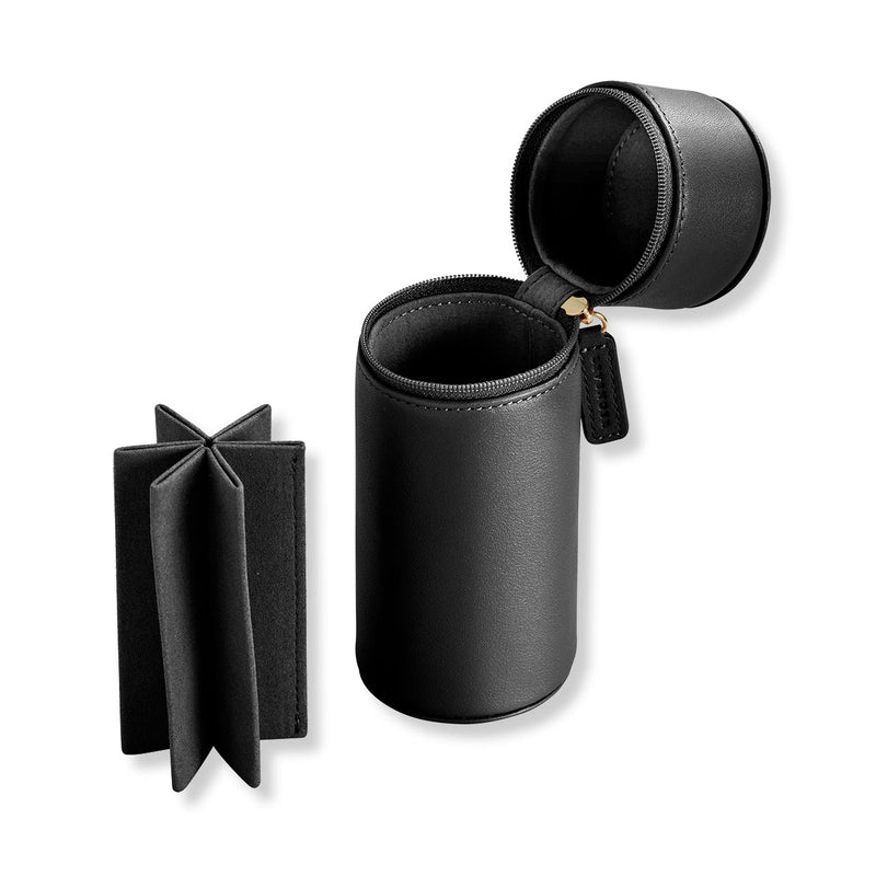 Custom Small Black Leather Pencil Case Cylindrical Design 2 Zip Desktop Standing Color Pencil Pen Case Box Set with Logo