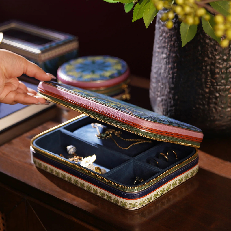 Blue Palms Print Leather Travel Jewelry Gift Box