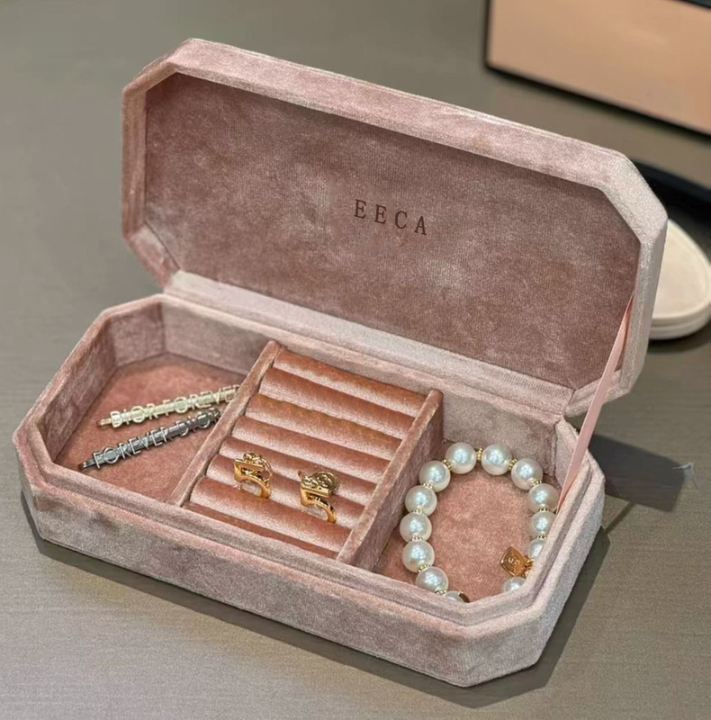 pink octagon velvet travel jewelry storage set box