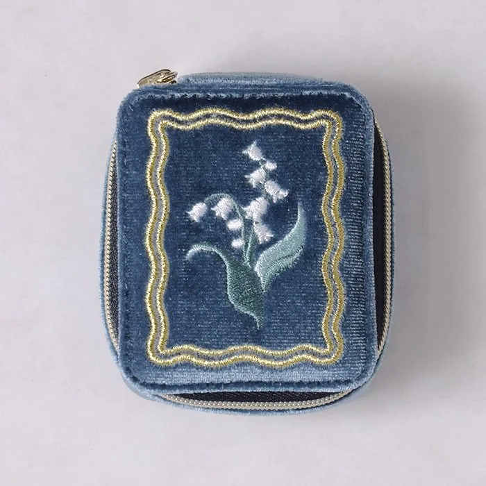 Vintage Velvet Jewelry Box Embroidered Double Ring Earring Jewelry Packaging Organizer Boxes with Bag for Necklace