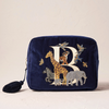 Navy Velvet Cosmetic Bag Embroidery Zipper Travel Toiletry Organizer Bag Handbag