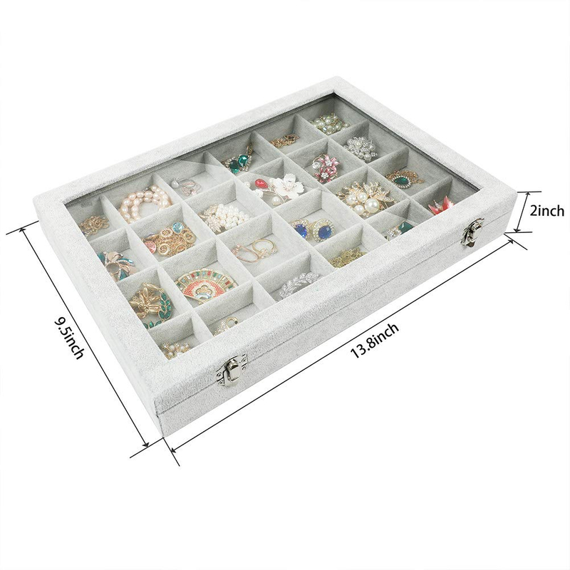 Custom Clear Lid Velvet 24 Grid Jewelry Tray Stackable Display Showcase Lockable Organizer Box For Earring,Ring,Necklace